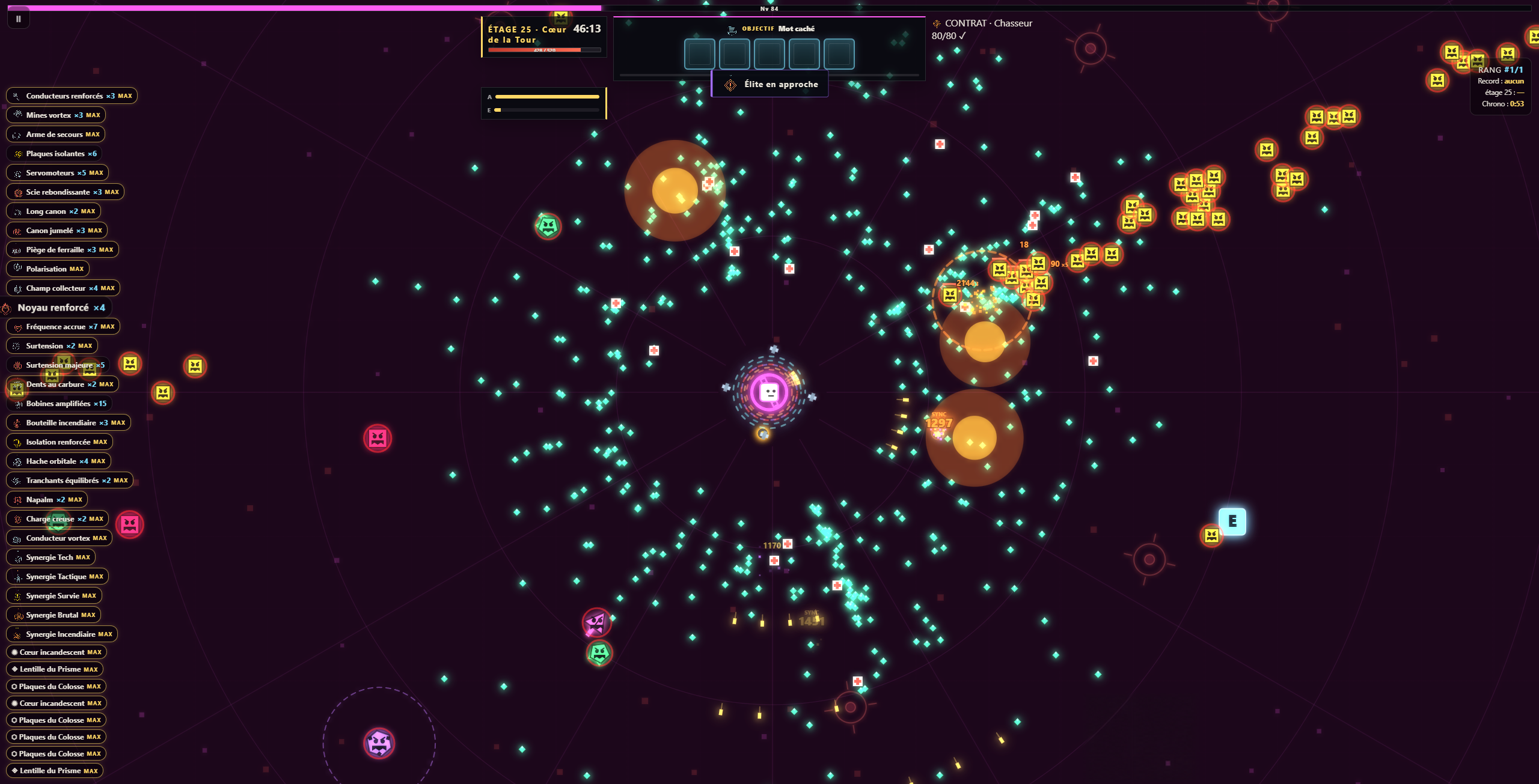Combat de TOWERPULSE avec une horde d'ennemis, des projectiles et des cristaux d'expérience