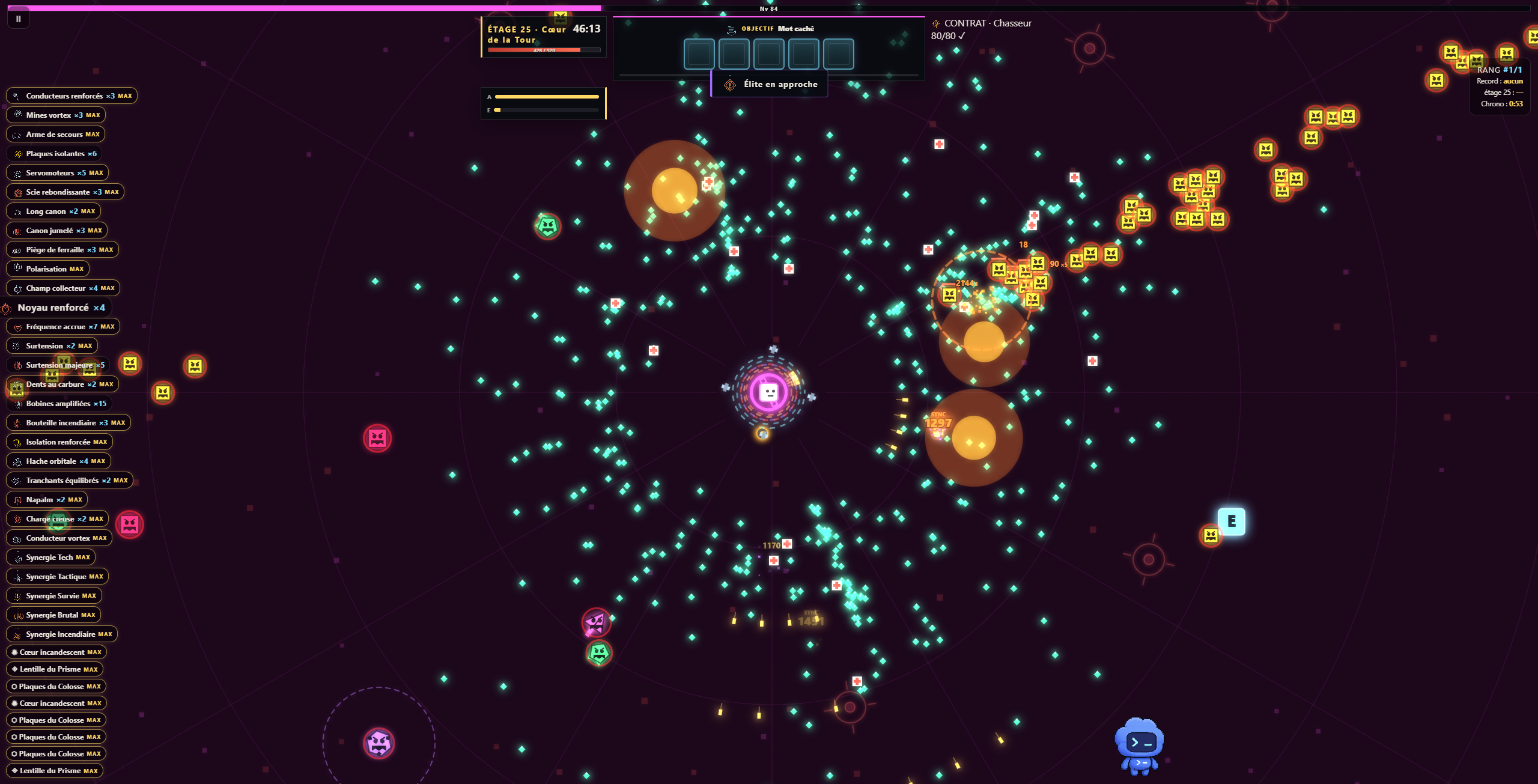 Combat de TOWERPULSE avec une horde d'ennemis, des projectiles et des cristaux d'expérience
